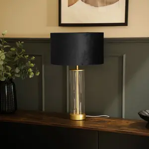 Simonetta Matt Gold and Clear Tube Table Lamp with Blush Velvet Reni Shade and 6W GLS Warm White Bulb Gold / Black / No