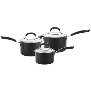 Circulon Total Black Round Hard Anodised Induction Suitable Saucepan Set with Glass Lids Pack of 3