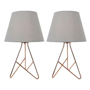 First Choice Lighting Set of 2 Tripod Copper 42cm Table Lamps With Grey Fabric Shades