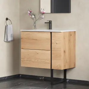 Banyetti Evora 800mm Wall Hung Basin Unit with Matt Black Handles - Natural Oak