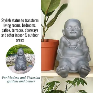 Buddha Statue Indoor and Outdoor, Grey Stone Effect Feng Shui Ornament, Resting Buddha Baby Monk Figurine L31 W22.5 H26 cm