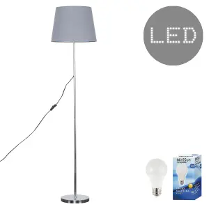 ValueLights Standard Floor Lamp in Polished Chrome Metal Finish with Grey Tapered Shade - Bulb Included