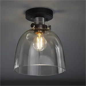 Semi Flush Low Ceiling Light - Smokey grey tinted glass & black chrome plate - 10W Max LED E27