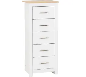 Portland 5 Drawer Narrow Chest in White with Oak Effect Finish