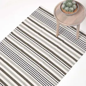 Homescapes Modern Black Grey Scandinavian Style Striped Cotton Rug, 60 x 100 cm