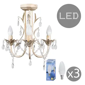 ValueLights Odelia Traditional Style Distressed Cream Shabby Chic 3 Way Ceiling Light Chandelier with LED Bulbs