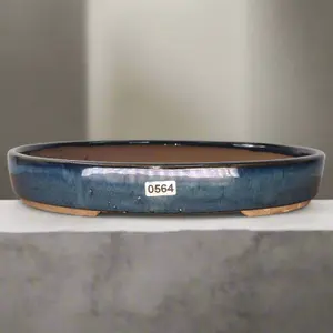 26cm Glazed Bonsai Pot - Oval - 26cm x 19cm x 4cm - Blue