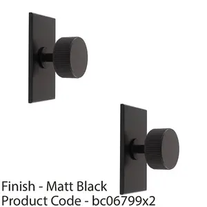 2 PACK - Reeded Radio Cabinet Door Knob & Matching Backplate Lined Matt Black 76 x 40mm