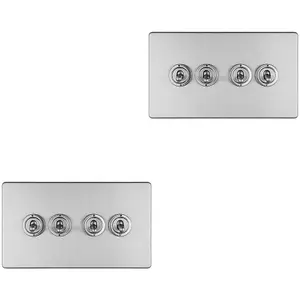 2 PACK 4 Gang Quad Retro Toggle Light Switch SCREWLESS SATIN STEEL 10A 2 Way