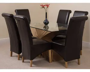 Valencia 160 cm x 90 cm Glass Dining Table and 6 Chairs Dining Set with Montana Brown Leather Chairs