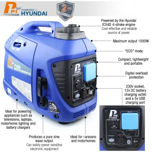 P1 1000W Portable Petrol Inverter Suitcase Generator (Powered by Hyundai)