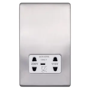 Brushed Chrome Screwless Plate  Shaver Socket 230/115V Plate - White Trim - SE Home