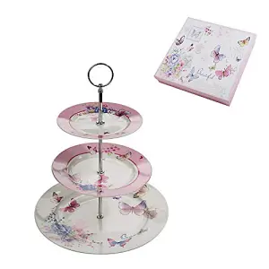 London Boutique 3 Tiered Cake Stands Afternoon tea Porcelain Shabby Chic Butterfly in gift box