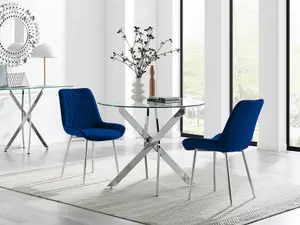 Furniturebox UK Novara 100cm Round  Dining Table and 2 Navy Pesaro Silver Leg Chairs