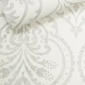 Arthouse White Silver Grey Moroccan Damask Textured Heavy Vinyl Wallpaper Exotic