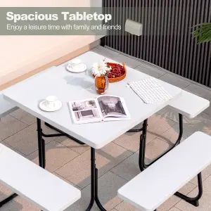 Costway 8 person Square Picnic Table Bench Set Outdoor Circular Table W/ 4 Benches & Umbrella Hole, White