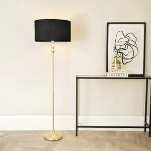 ValueLights Maggie Gold Metal Candlestick Floor Lamp with Black Fabric Lamp Shade and LED Bulb