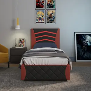 Galaxy Ottoman Storage LED Headboard Gaming Single Bed Frame (Black and Red)