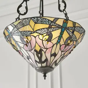 Tiffany Glass Hanging Ceiling Pendant Light Bronze Dragonfly 3 Lamp Shade i00074