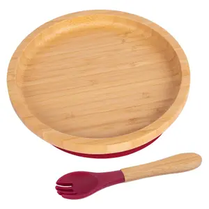 Bamboo Round Baby Weaning Plate & Fork Set - Red