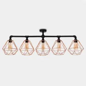 ValueLights Luiggi Industrial 5 Way Satin Black Pipework Ceiling Light with Copper Cage Shades