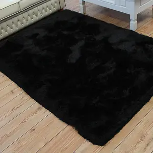 Black Handmade , Luxurious , Modern , Plain , Shaggy , Sparkle Easy to Clean Rug for Living Room, Bedroom - 70cm X 140cm