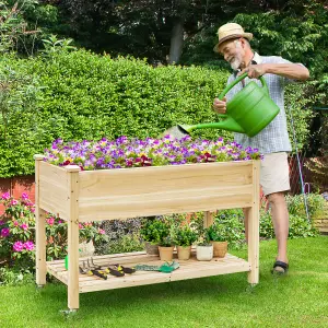 Costway Raised Garden Bed Wood Elevated Planter Bed w/Lockable Wheels Shelf & Liner