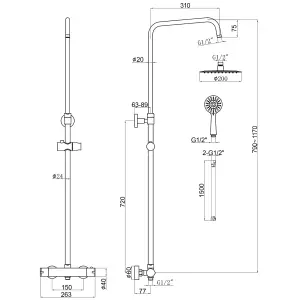 Nes Home Round Black Exposed Thermostatic Shower Mixer with Slider Rail Kit