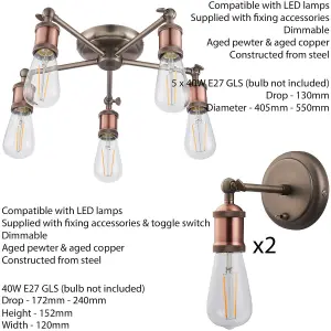 5 Lamp Ceiling Pendant & 2x Matching Wall Light Pack Tarnished Aged Copper Kit