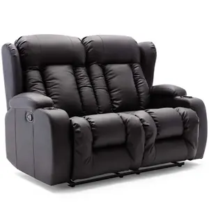 Caesar Manual High Back Luxury Bond Grade Leather Recliner 2 Seater Sofa (Black)