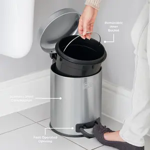 BLACK+DECKER 61329 5L Stainless Steel Dome Shaped Pedal Bin With Soft Close Lid