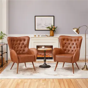 Yaheetech Retro Brown Faux Leather Accent Chair with Metal Legs and Tufted High Back