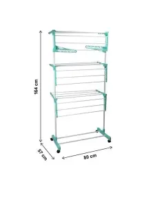 4 Tier Clothes Drying Rack Airer Foldable Adjustable Powder Coated Frame Wheel with Two Side Wings Dryer Racks & Shoe Stand Blue