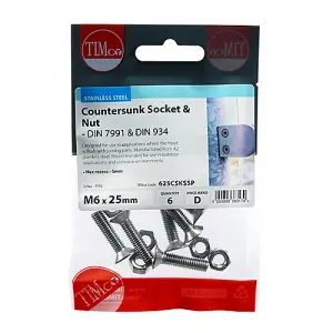 Timco - Socket Screws & Hex Nuts - Countersunk - Stainless Steel (Size M6 x 25 - 6 Pieces)