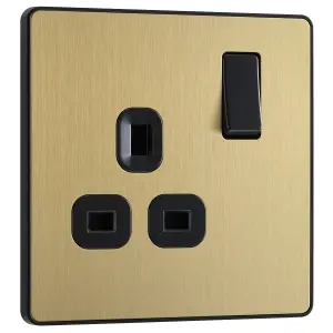 British General Brass effect Single 13A Gold Switched socket & Black inserts