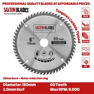 2x Saxton TCT Circular Saw Blades 150mm x 20mm bore 48 & 60 teeth + 16mm and 10mm Ring Compatible with Ryobi Bosch Makita Dewalt