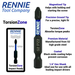 Rennie Tools 6 Piece PZ2 Impact Screwdriver Bits Set With Impact Bit Holders. 2 off PZ2 x 25mm 2 off PZ2 x 50mm + 50/150mm Holder