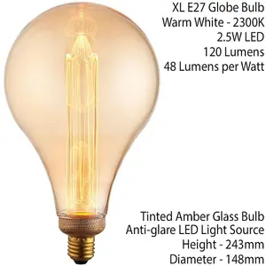 VINTAGE LED Filament Light Bulb AMBER GLASS E27 Screw 2.5W XL 243mm x 148mm Lamp