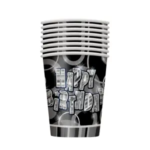 Unique Party 8 Happy Birthday Party Cups Black/Silver (9oz)