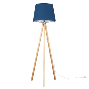 ValueLights Modern Light Wood Tripod Design Floor Lamp With Navy Blue Shade