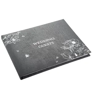 Beautiful Black Satin Fabric Wedding Day Guest Book with Silver Floral Decor