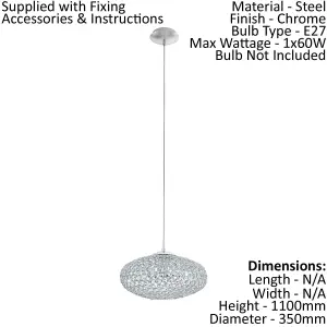 Pendant Ceiling Light Colour Chrome Plated Shade Clear Crystal Bulb E27 1x60W