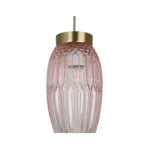 First Choice Lighting Set of 2 Facet Antique Brass with Pink Faceted Glass Pendant Shades