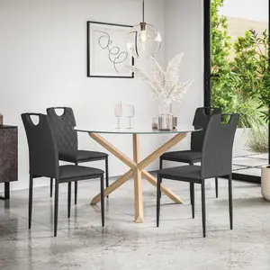 Malvern Round Dining Table And Chairs -  Clear Glass Table Top w Solid Oak Legs + Monza Fabric Dining Chair Set Of 4 (Charcoal)