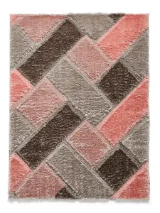 Grey Pink Modern Shaggy Easy to Clean Geometric Rug For Dining Room-80cm X 150cm