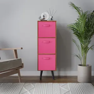 URBNLIVING 100cm Height Teak 3-Tier 3-Drawer Dark Pink Cube Shelving Unit with Scandinavian Black Legs