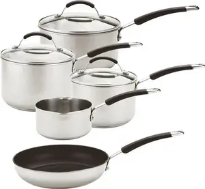 Meyer Stainless Steel Induction Hob Pan Set With Non Stick Frying Pan - 5 Piece Stainless Steel Pan Set, Oven & Dishwasher Safe, Silver