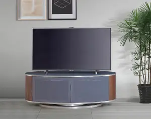 MDA Designs LUNA Grey Oval Cabinet with Walnut Profiles and Grey BeamThru Glass Doors Suitable for Flat Screen TVs up to 50"