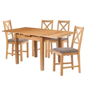 Hallowood Furniture Waverly Small Extending Table with 4 Cross Back Oak Chairs with Steel Grey Fabric Seat