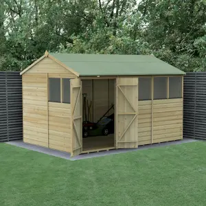 Forest Garden Beckwood Shiplap 12x8 ft Reverse apex Natural timber Wooden Pressure treated 2 door Shed with floor & 6 windows - Assembly service included